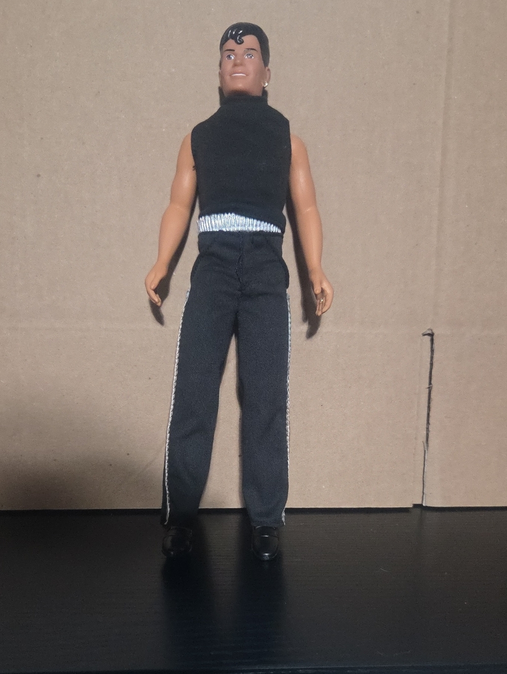 Vintage Male Doll with Black Outfit and Silver Trim
